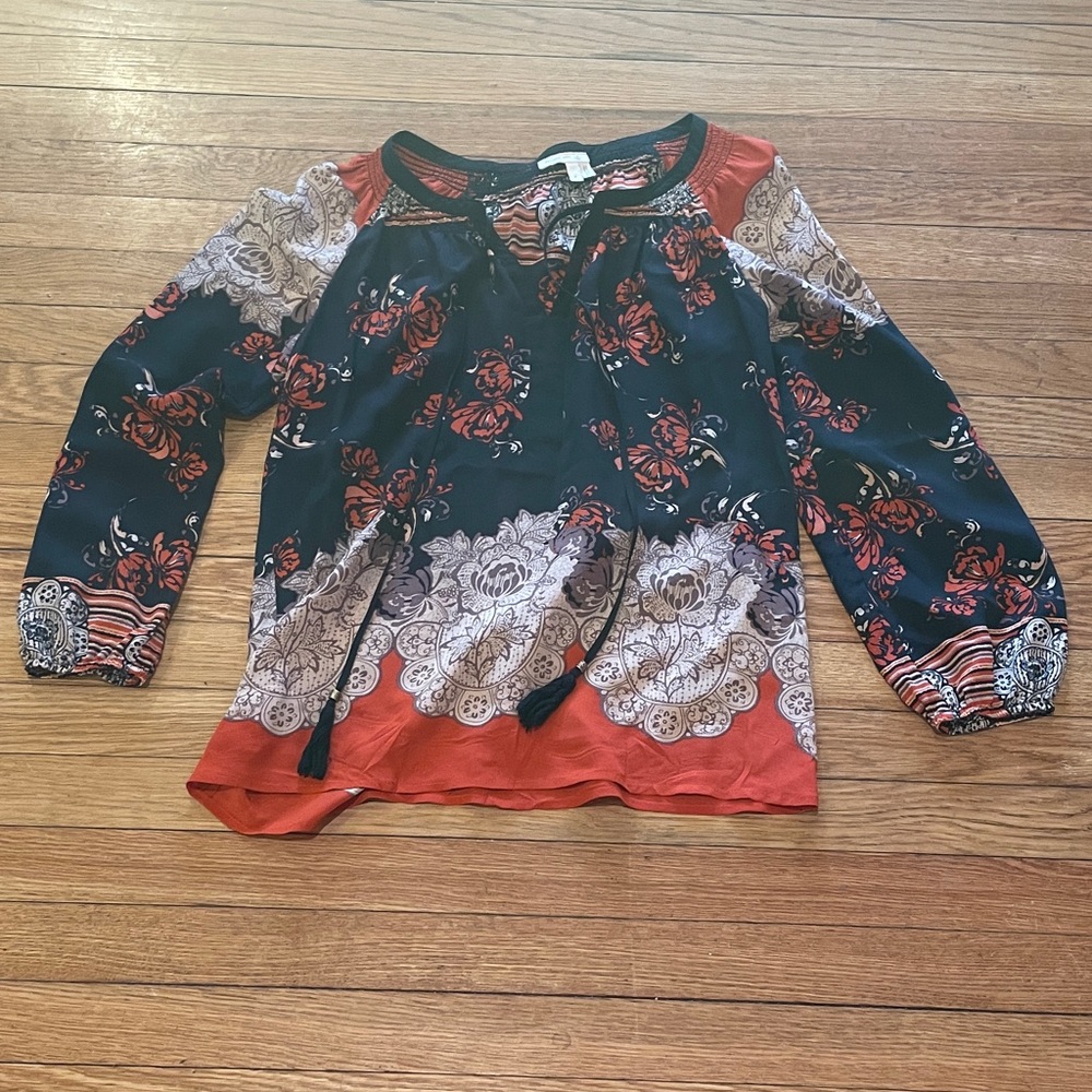 Anthropologie Meadow Rue Floral Tie-Neck Blouse Size S Black Rust Boho